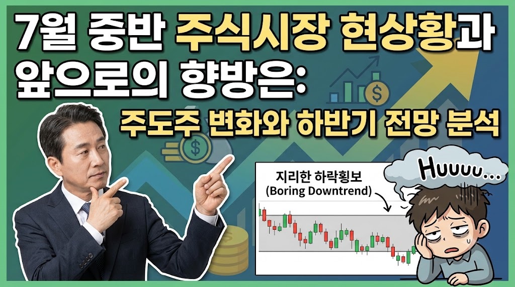 7월 중반 주식시장의 현상황과 앞으로의 향방을 알아봅니다. 주도주가 변화하였고, 하반기의 전망을 분석합니다.